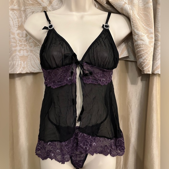Purple & Black Lace & Mesh Nightie - Picture 1 of 9